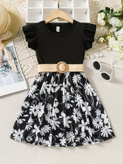 Toddler Girls Butterfly Sleeves Flowers Graphic Belted Princess Dress