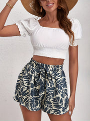 Leaves Print Vacation Shorts Elastic Waist Women's Clothing