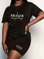 2 Piece Set Women's Cross & Slogan Print Top & Shorts