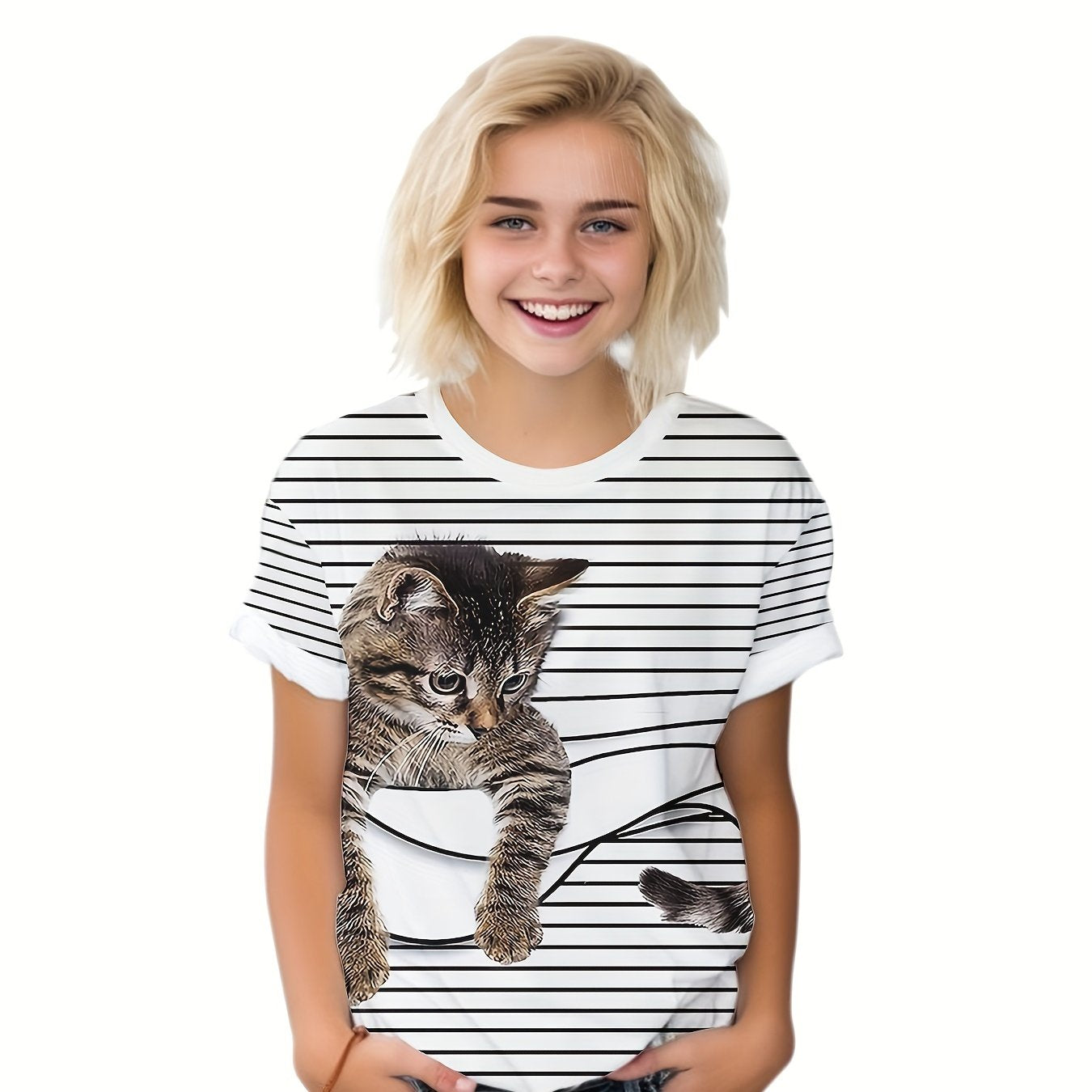 Kids Striped Kitty Graphic T-shirt - Summer Sports Clothes