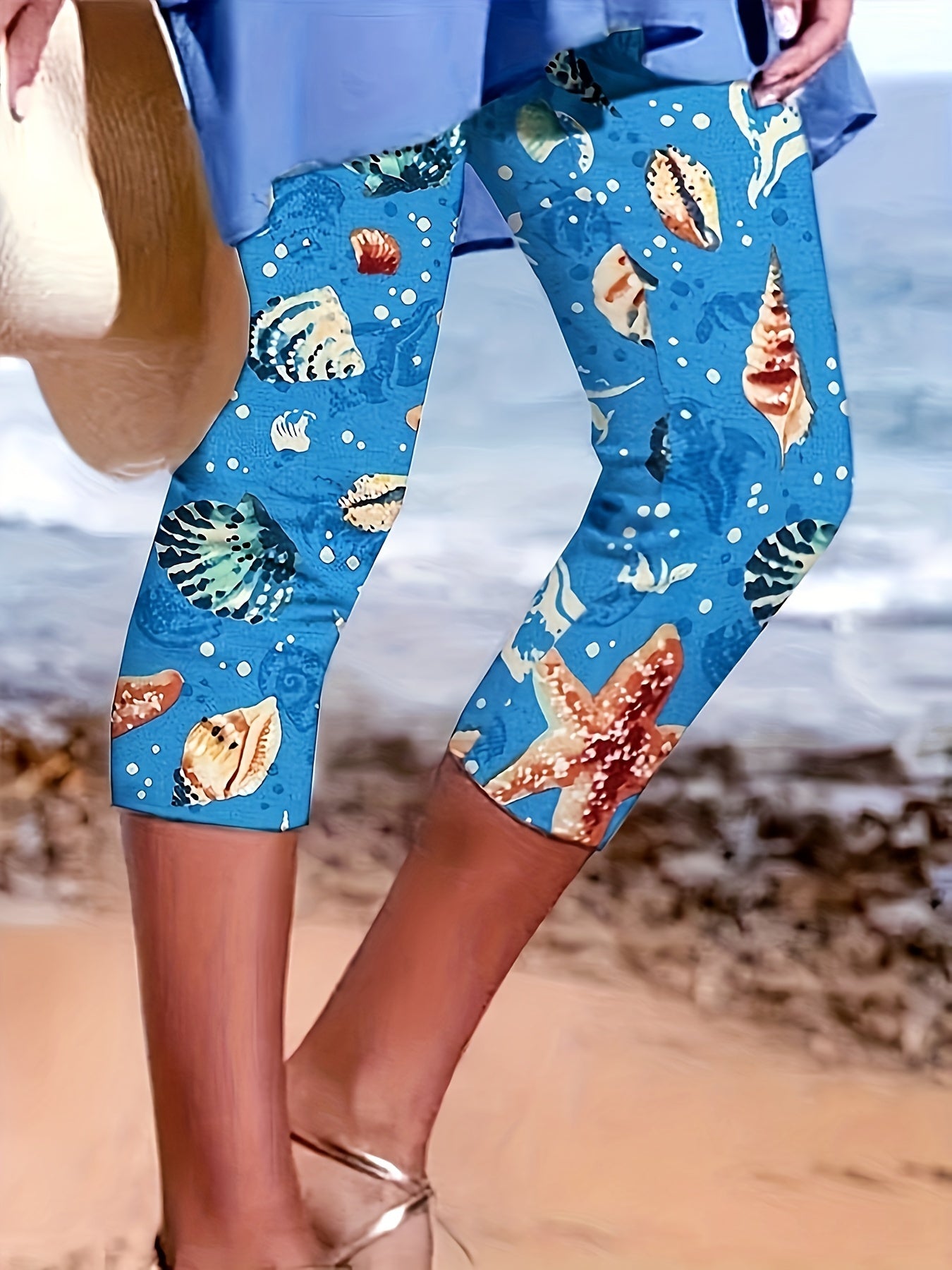 Ocean Print Skinny Capris Leggings for Women