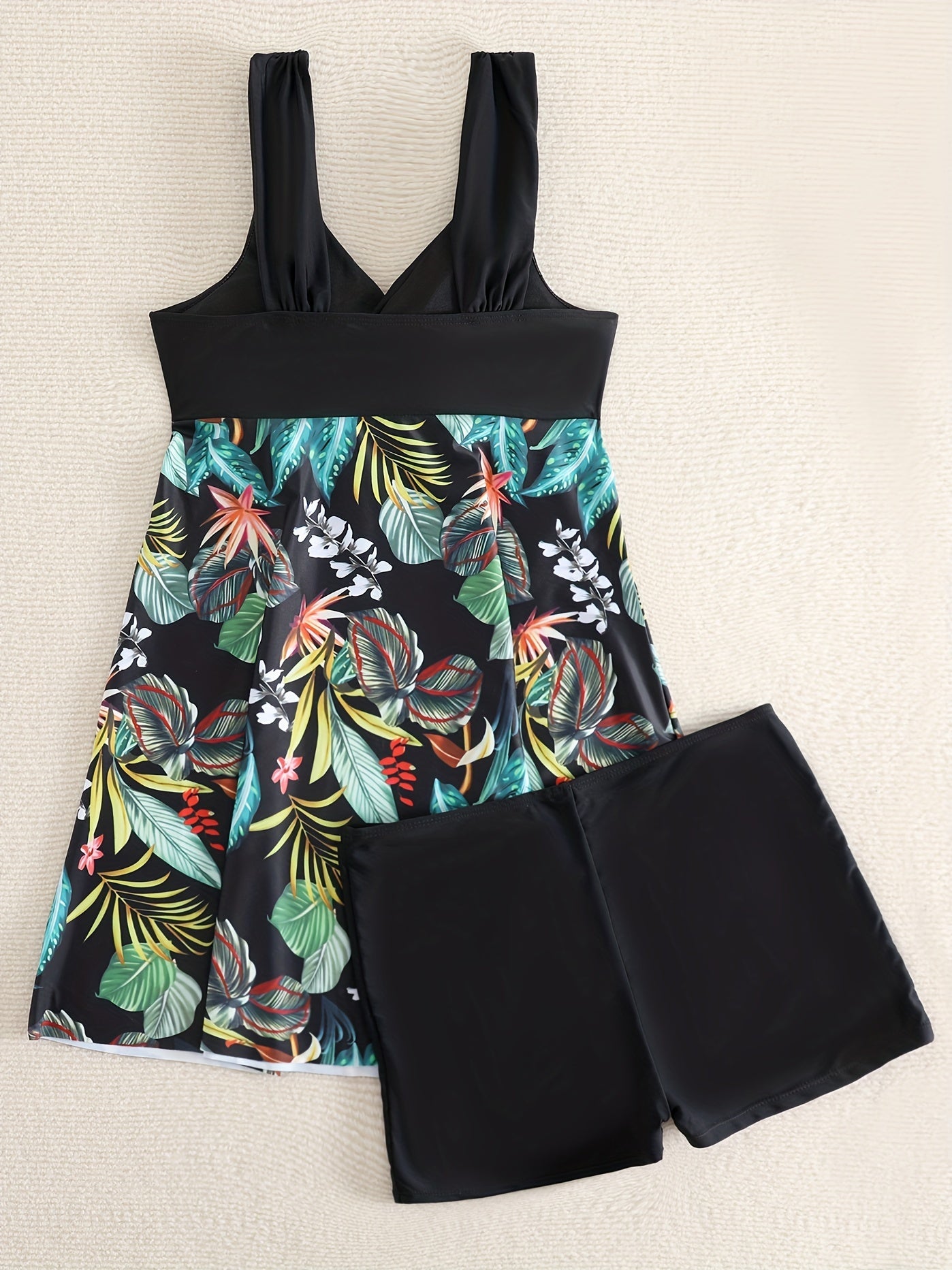 Tropical Print Tankini Set V Neck Boxer Shorts Swimsuit