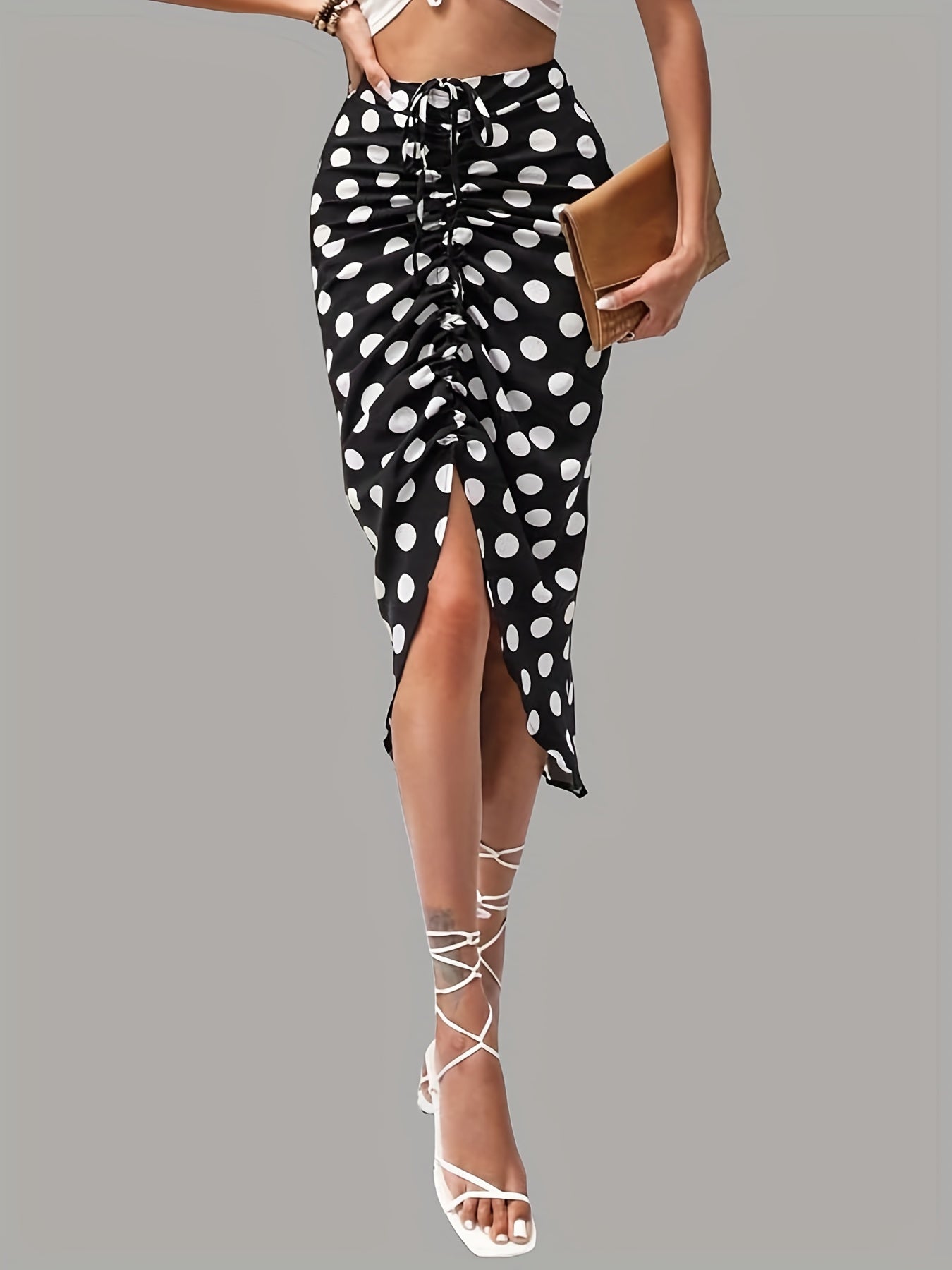 Polka Dot Print Casual Ruched Drawstring Bag Hip Skirt