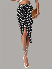 Polka Dot Print Casual Ruched Drawstring Bag Hip Skirt