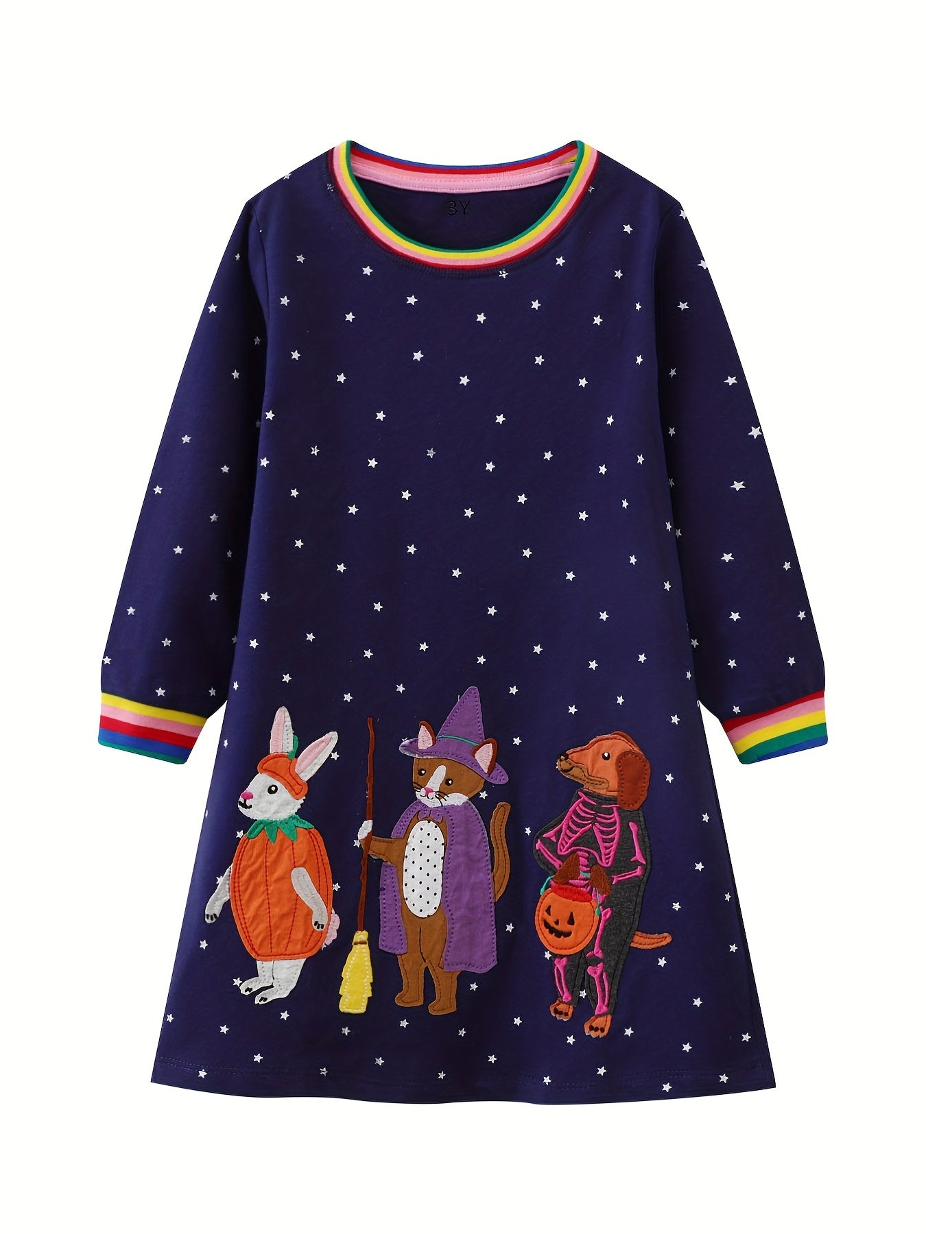 Girls' Pumpkin Animal Embroidered Long Sleeve Shirt Dress