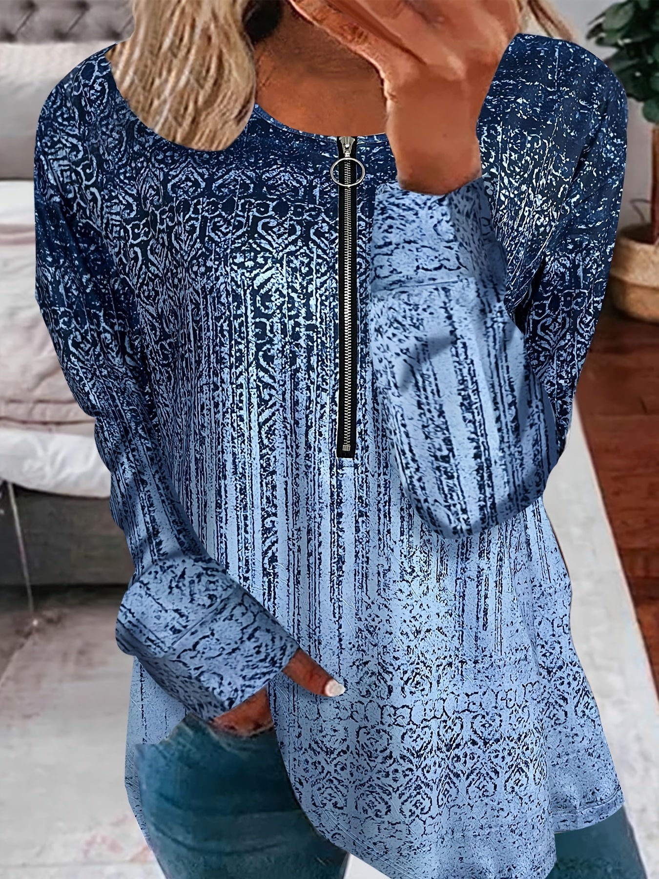 Graphic Print Half Zip Sweatshirt Casual Long Sleeve Sweatshirt