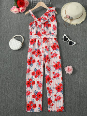 Girls Ruffle Trim Stripe Flowers Romper Jumpsuit For Beach Kids Summer Clothes