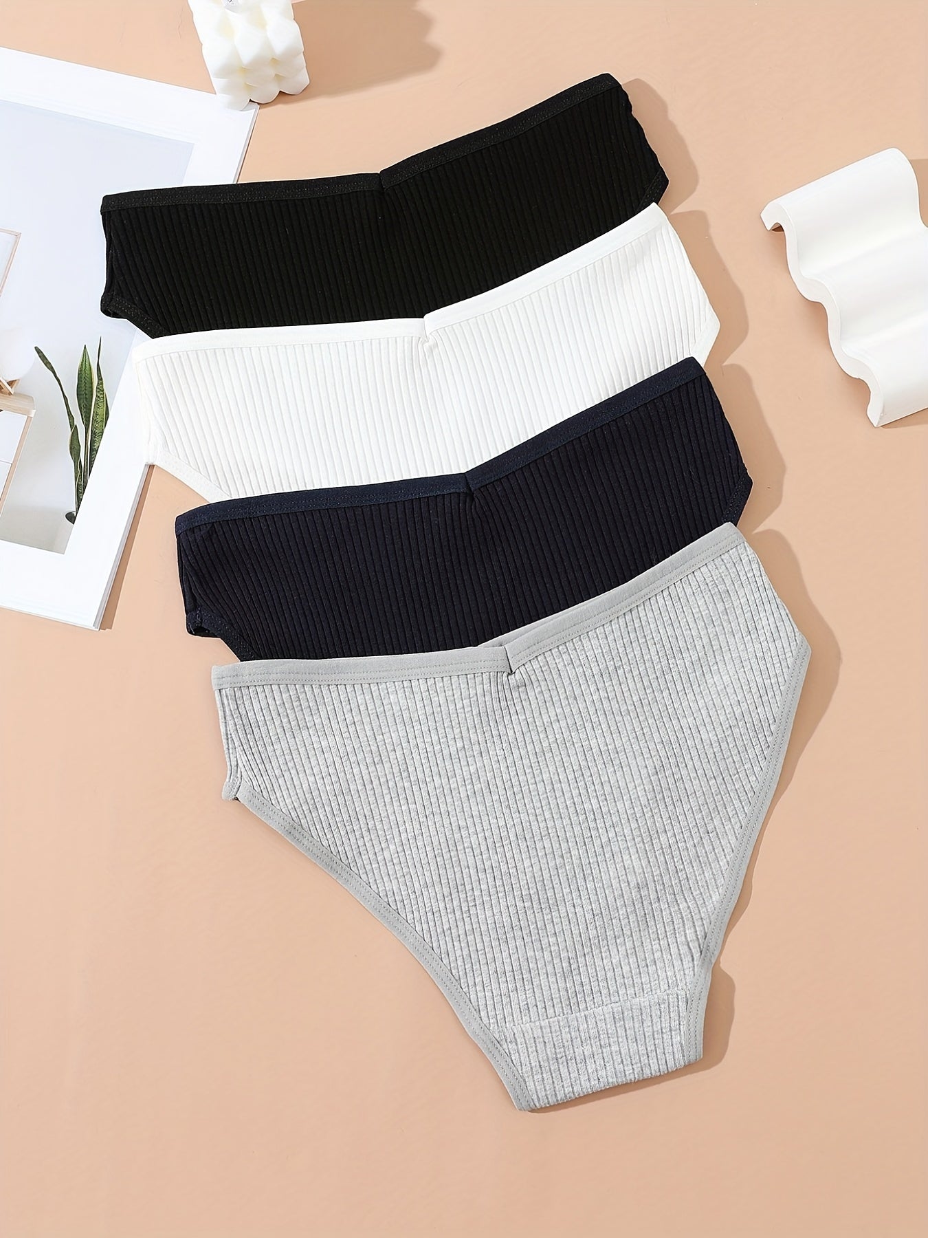 4pcs Ribbed Briefs Stretchy Comfy Panties Women's Lingerie Underwear