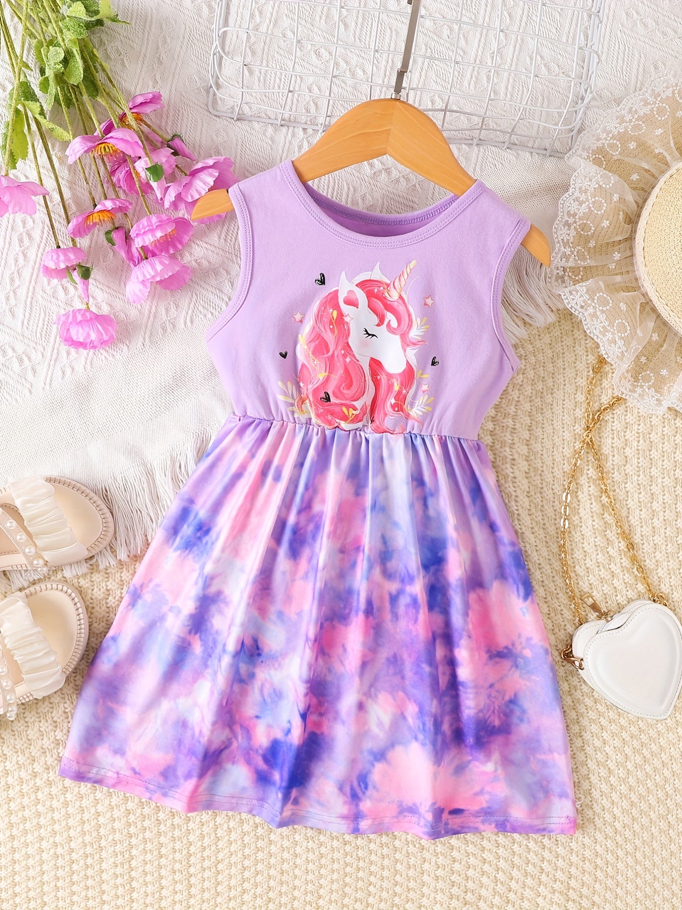 Toddler Girls Sleeveless Unicorn Dress for Beach Party