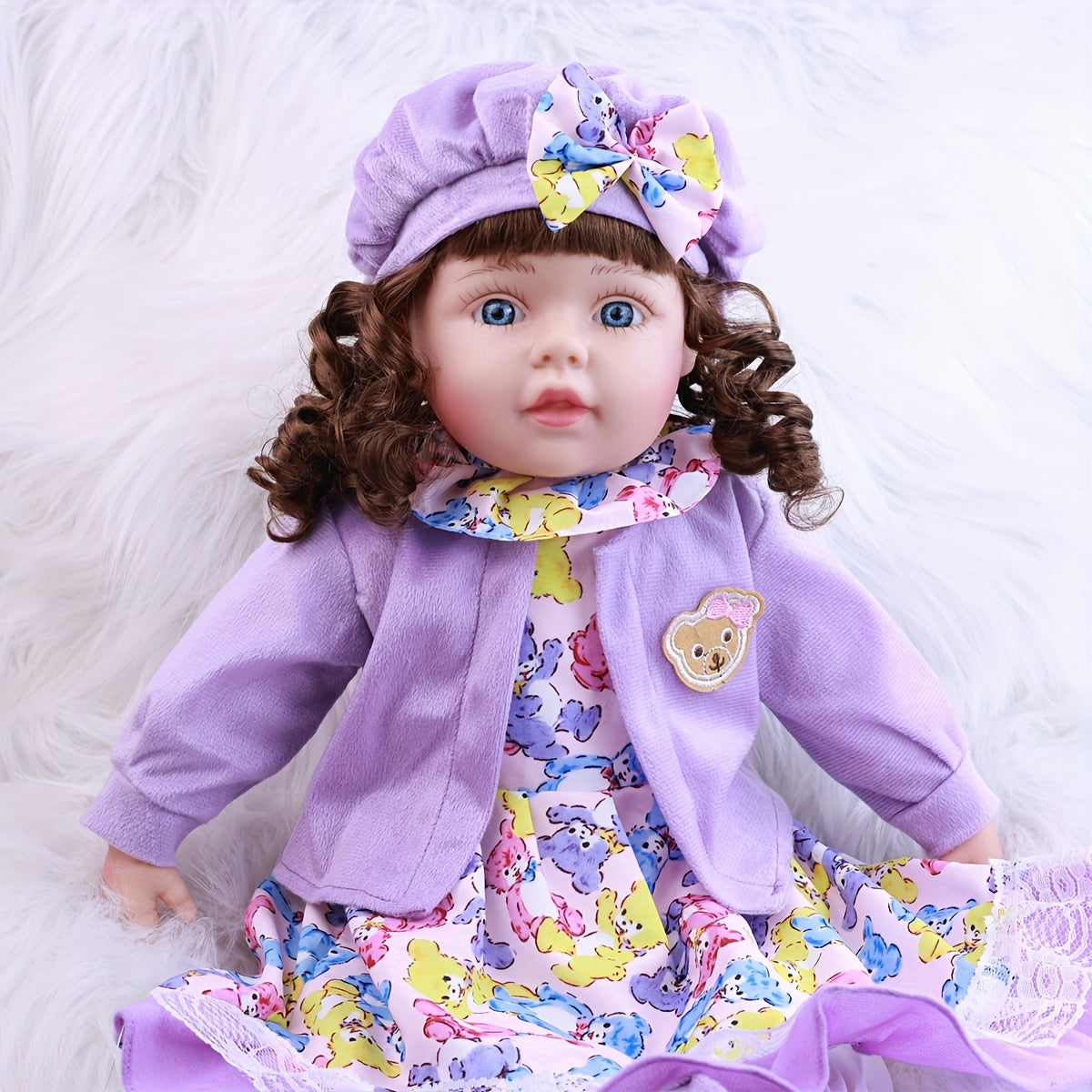 Realistic Reborn Baby Doll in Purple Floral Dress with Bunny Soft Body