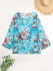 Tie Dye Leaf Print Long Sleeve Round Neck Cover Up