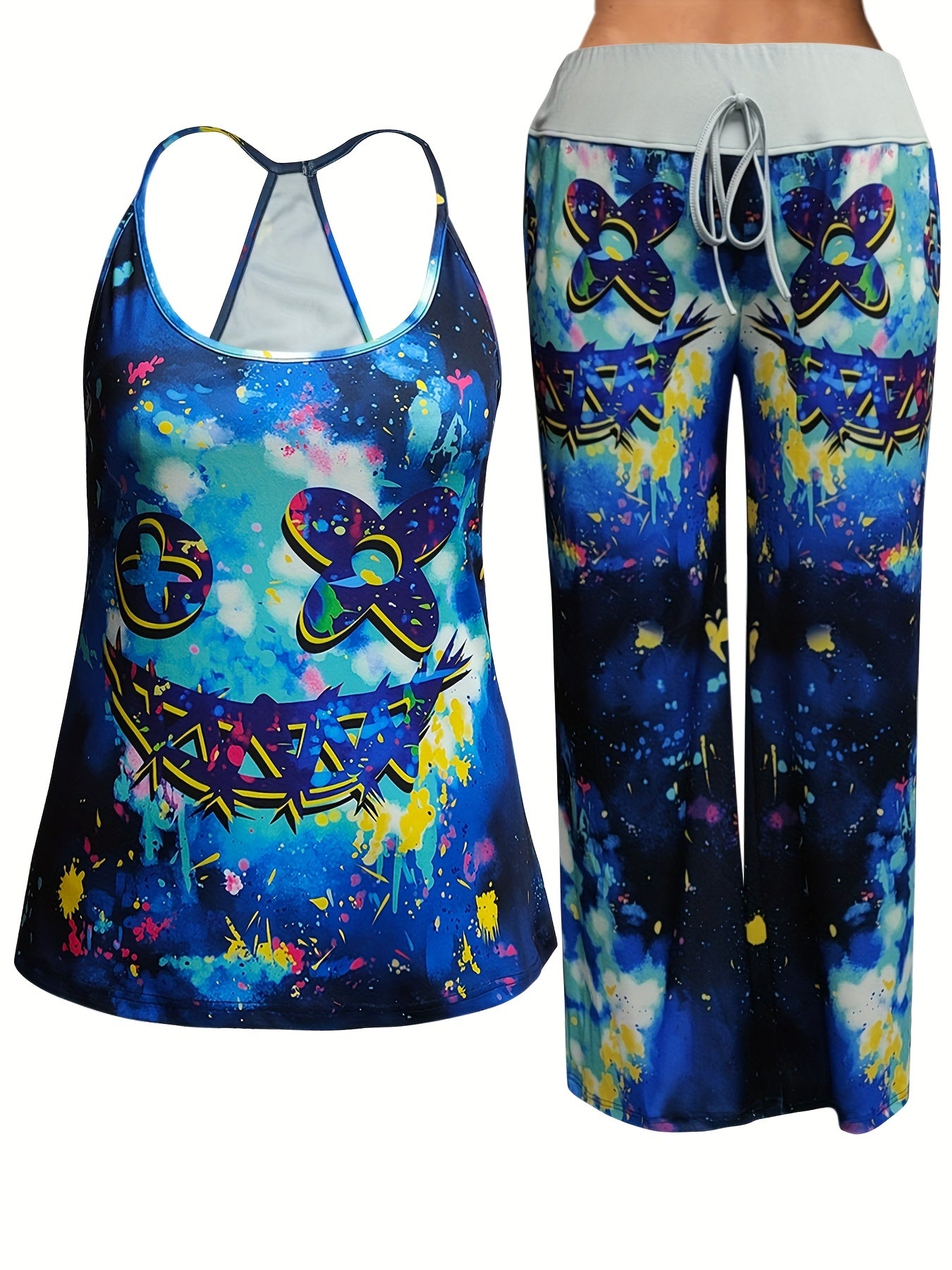 Gothic Halloween Outfit Set Women's Skull Print Cami Top & Tie Pants