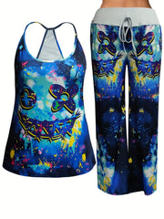 Gothic Halloween Outfit Set Women's Skull Print Cami Top & Tie Pants
