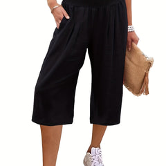 Solid Shirred Wide Leg Capris Pants Casual Loose Pants