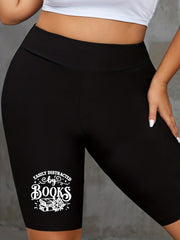 Women's Plus Slogan & Book & Floral Print High Rise Biker Shorts