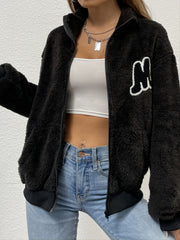Fuzzy Jacket Zipper Lapel Long Sleeve Loose Outerwear