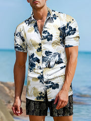 Men's Floral & Leaf Print Camp Collar Hawaiian Shirt