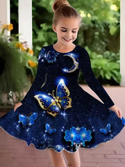 Girls Butterfly Graphic Long Sleeve Dress Spring Fall Party Gift