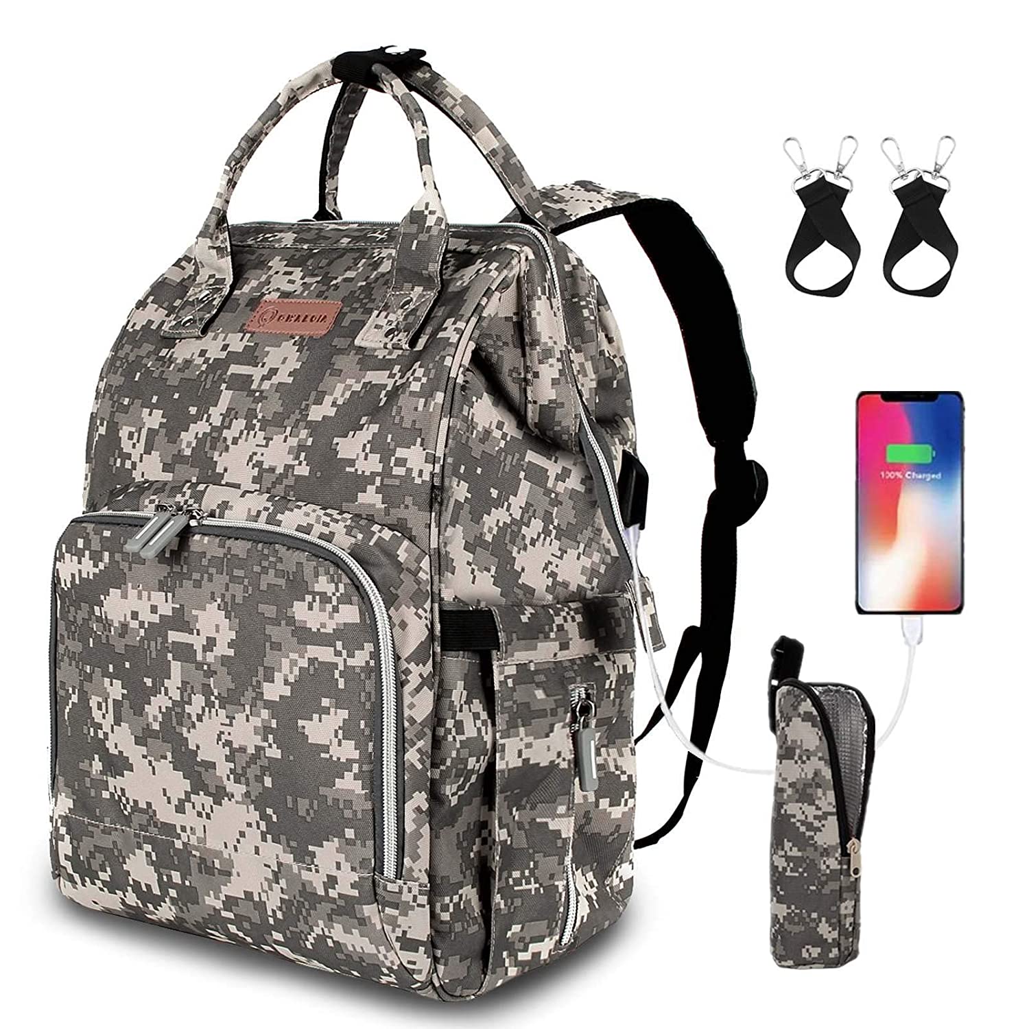 Camo Diaper Bag Backpack USB Charging Port Insulated Pocket