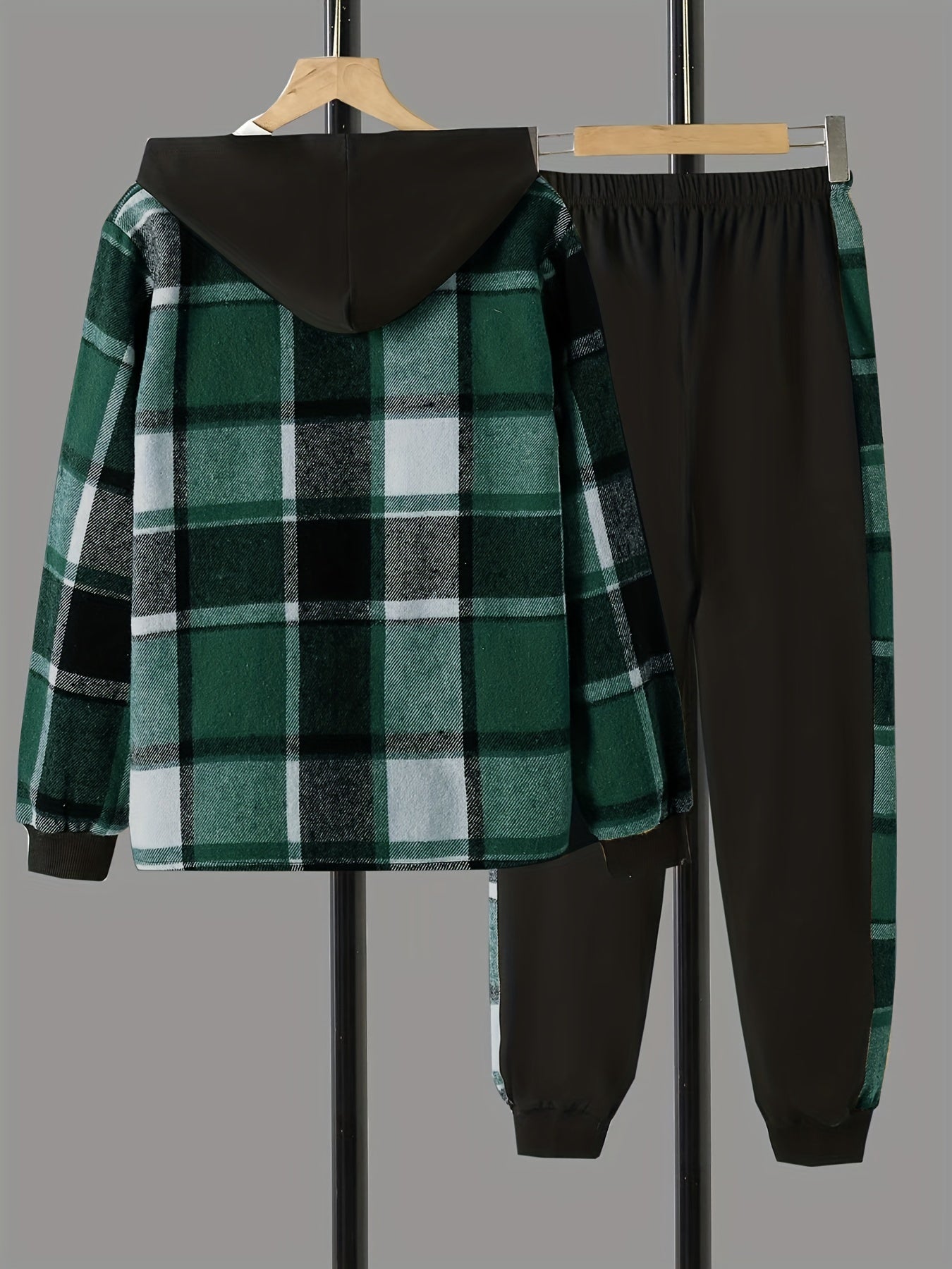 Boys 2pcs Hooded Shirt & Sweatpants Set Plaid Pattern Long Sleeve Top