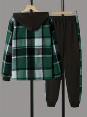 Boys 2pcs Hooded Shirt & Sweatpants Set Plaid Pattern Long Sleeve Top