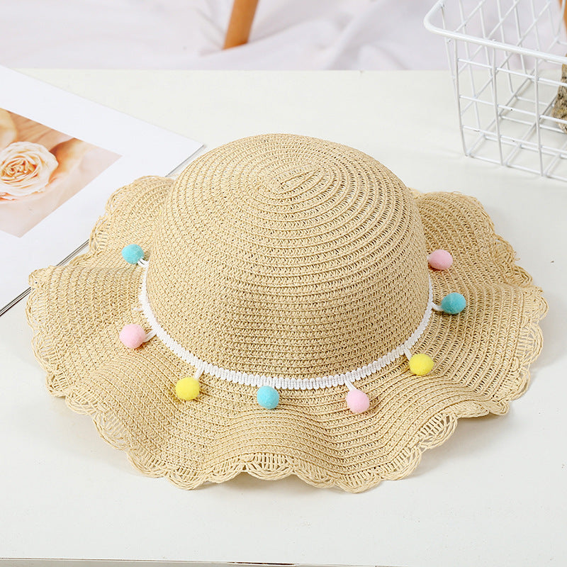 Girls Colorful Pompom Ball Straw Hat Wide Brim Sun Hat Beach Cap