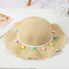 Girls Colorful Pompom Ball Straw Hat Wide Brim Sun Hat Beach Cap