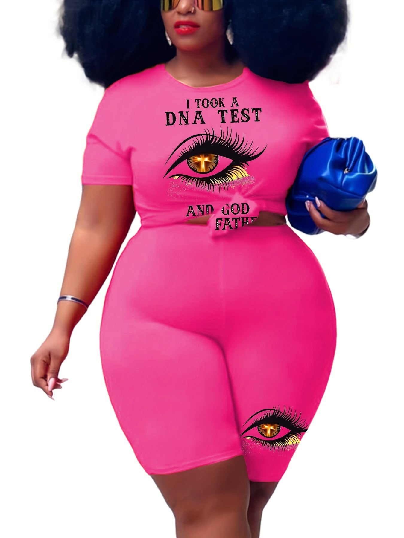 Women's Slogan & Eye Print Top & Shorts Set