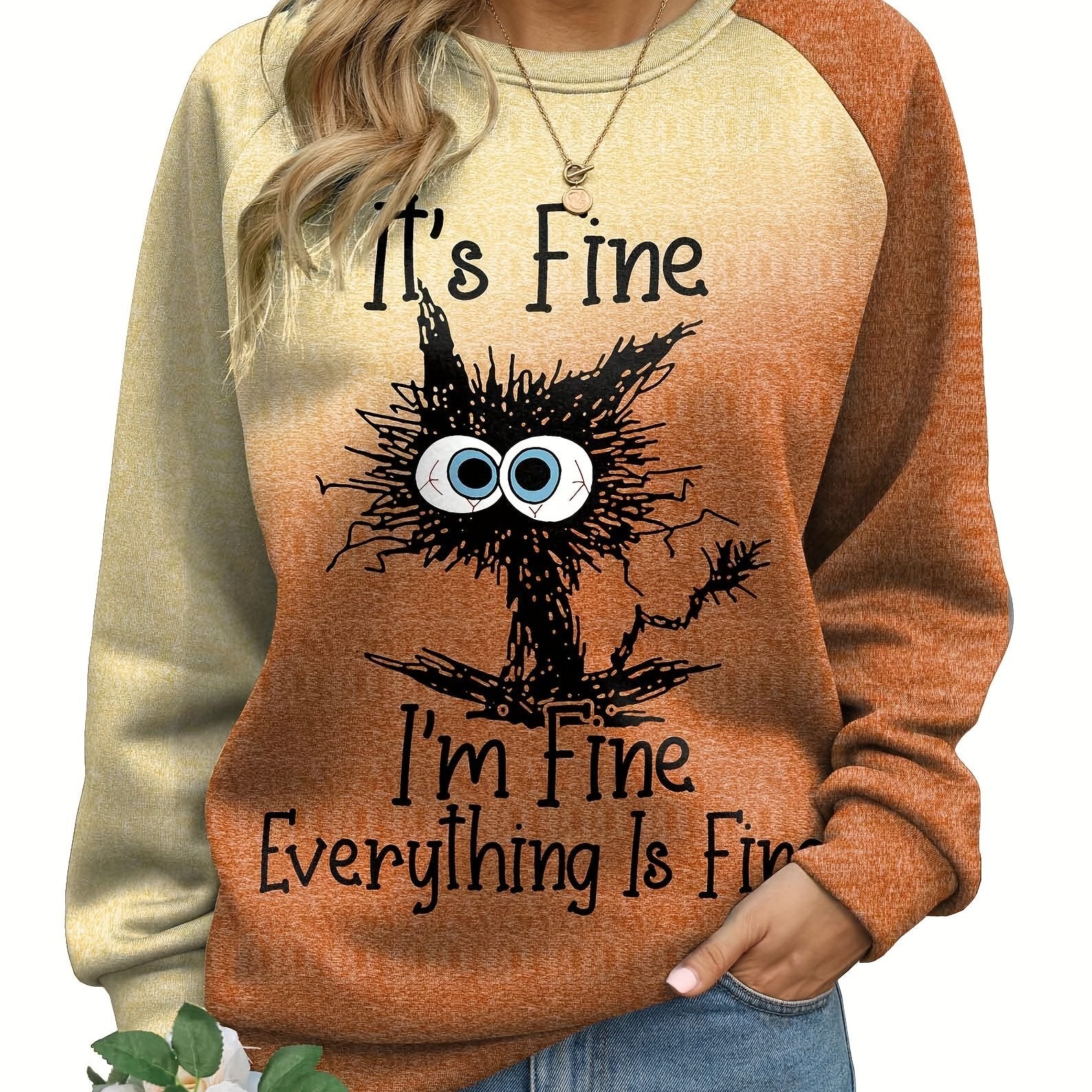 Cat & Letter Print Sweatshirt for Women