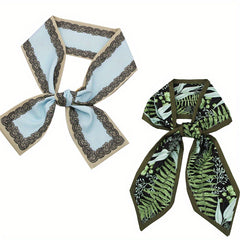 2pcs Green & Skinny Scarf Long Ribbon Neckerchief Twilly Scarf Set