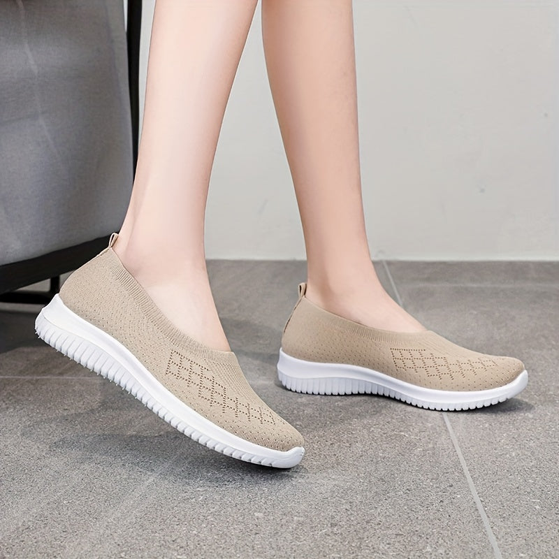 Women's Knit Walking Shoes Breathable Slip On Casual Flat Shoes