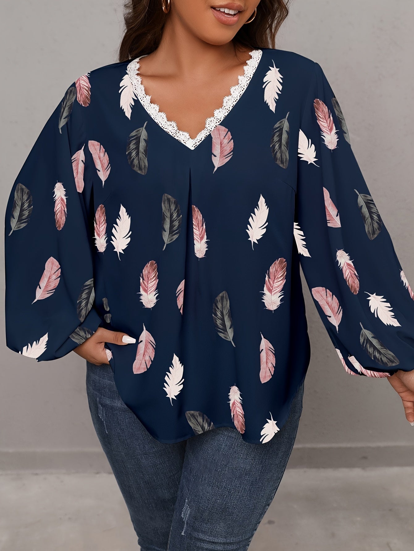 Feather Print Lantern Sleeve V Neck Casual Blouse