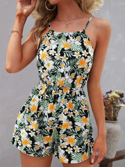Tropical Print Spaghetti Strap Romper Boho Sleeveless Wide Leg Romper