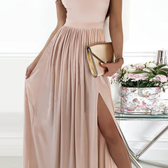 Sexy Off Shoulder Slit Dress Casual Suspender Solid