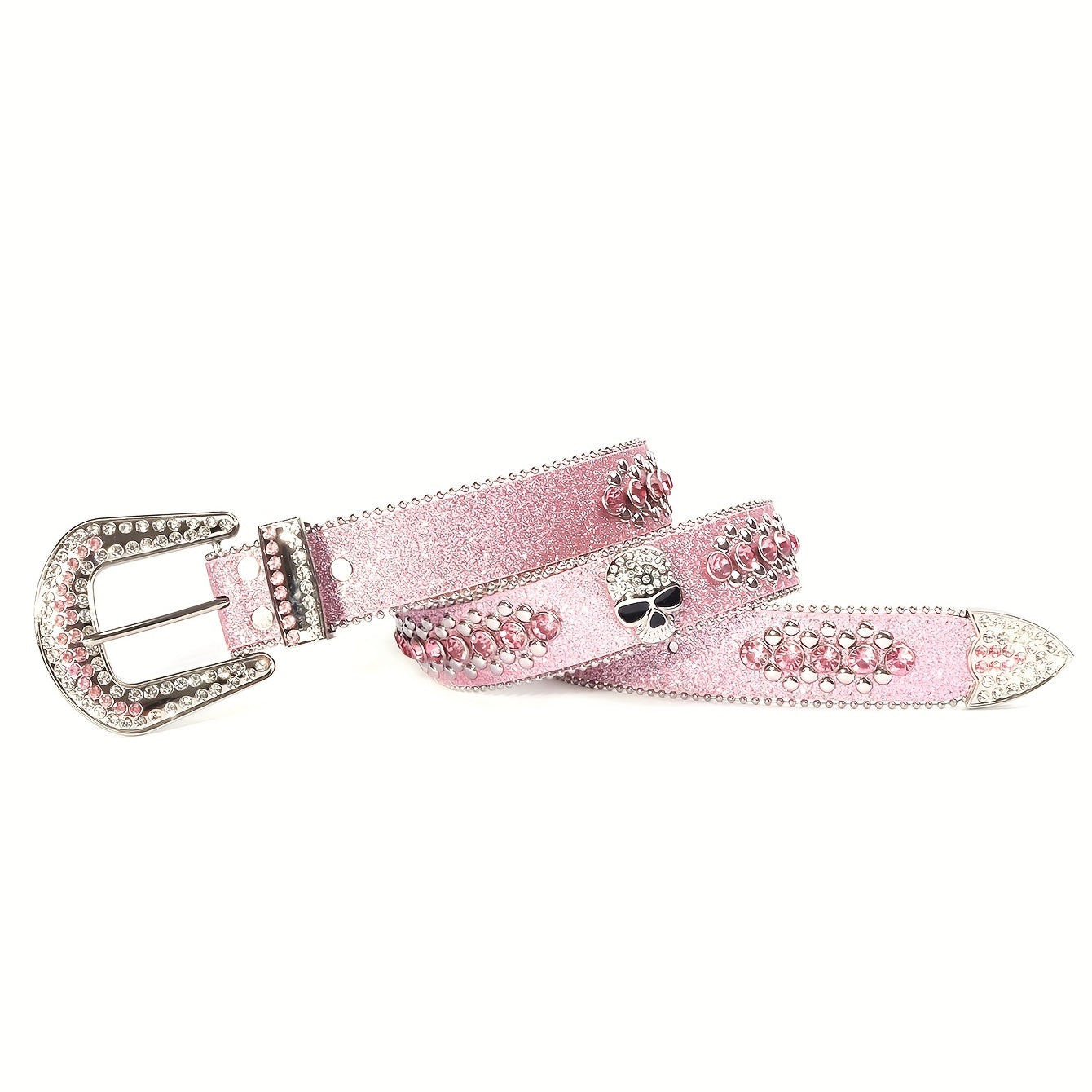 Pink Glitter Skull Belt Punk Rhinestone Decor Rivet Belt