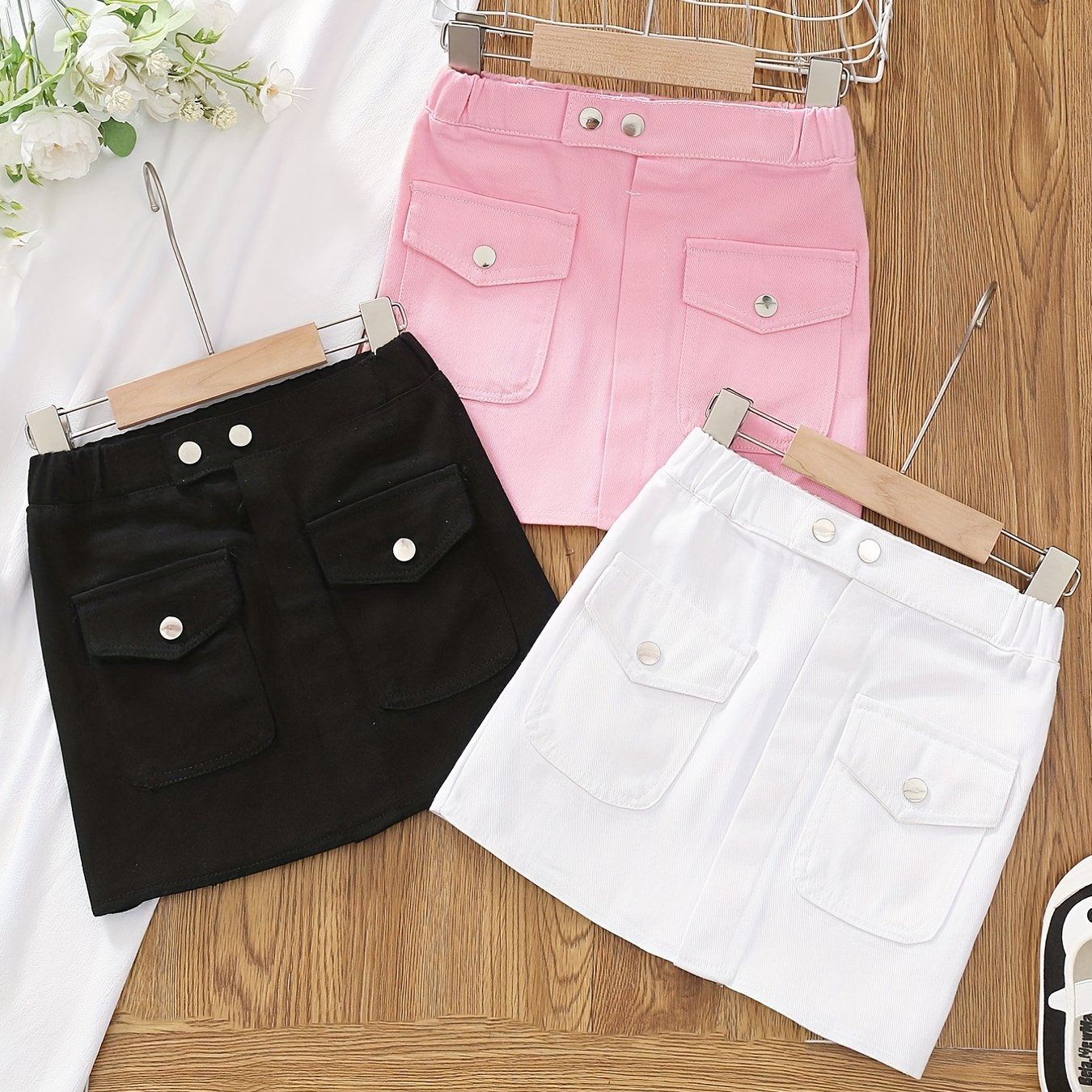 Girls' Button Pocket Short Denim Skirts Set - Casual & Stylish