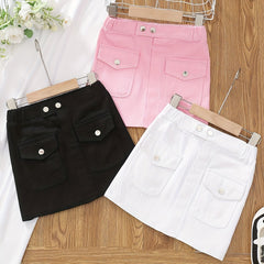 Girls' Button Pocket Short Denim Skirts Set - Casual & Stylish