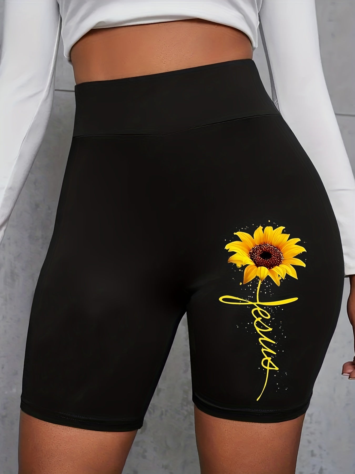 Sunflower Print Biker Shorts High Waist Leggings
