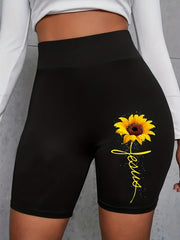 Sunflower Print Biker Shorts High Waist Leggings