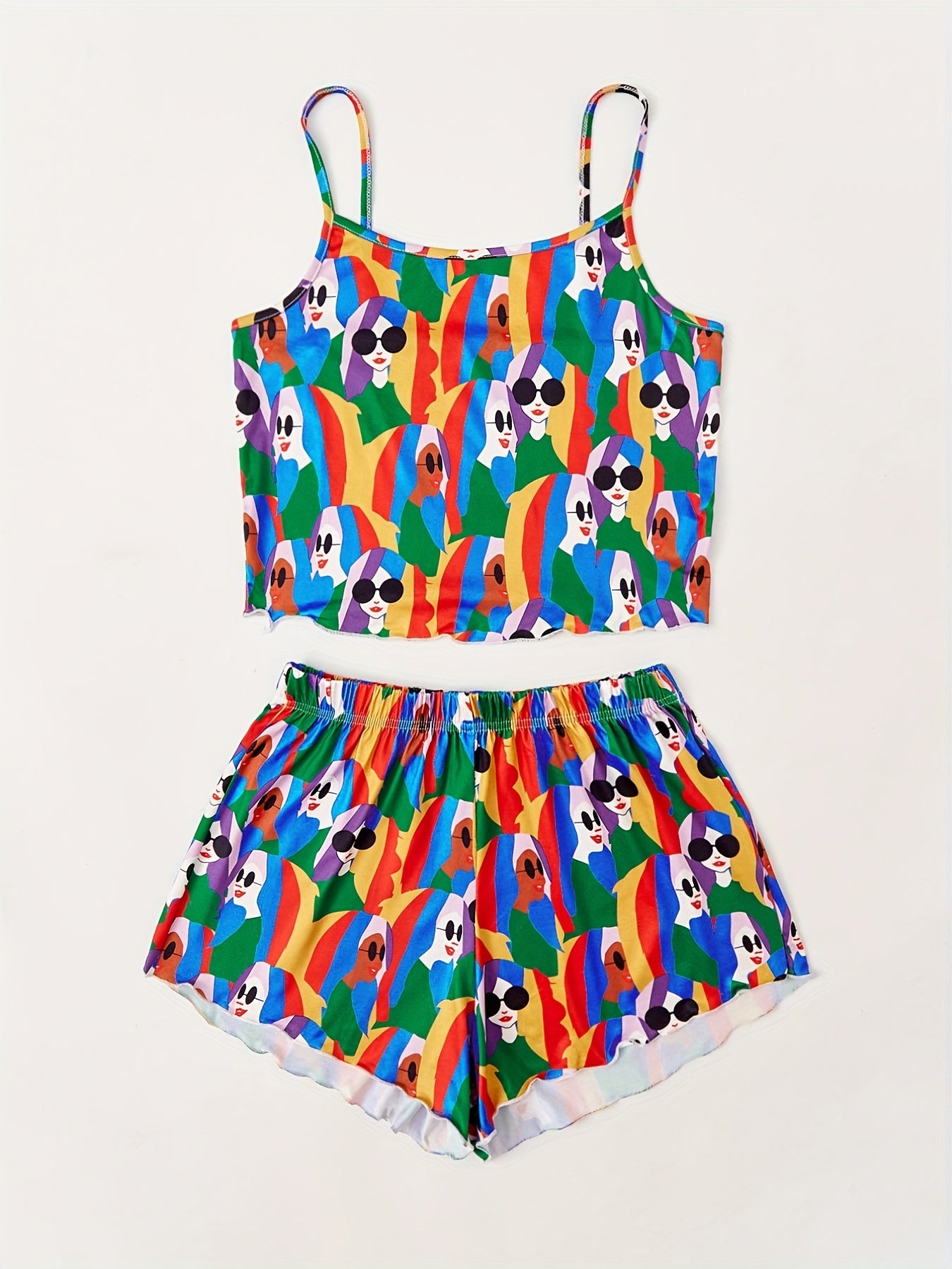 Figure Print Pajama Set Crew Neck Cami Top & Elastic Waistband Shorts