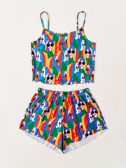 Figure Print Pajama Set Crew Neck Cami Top & Elastic Waistband Shorts