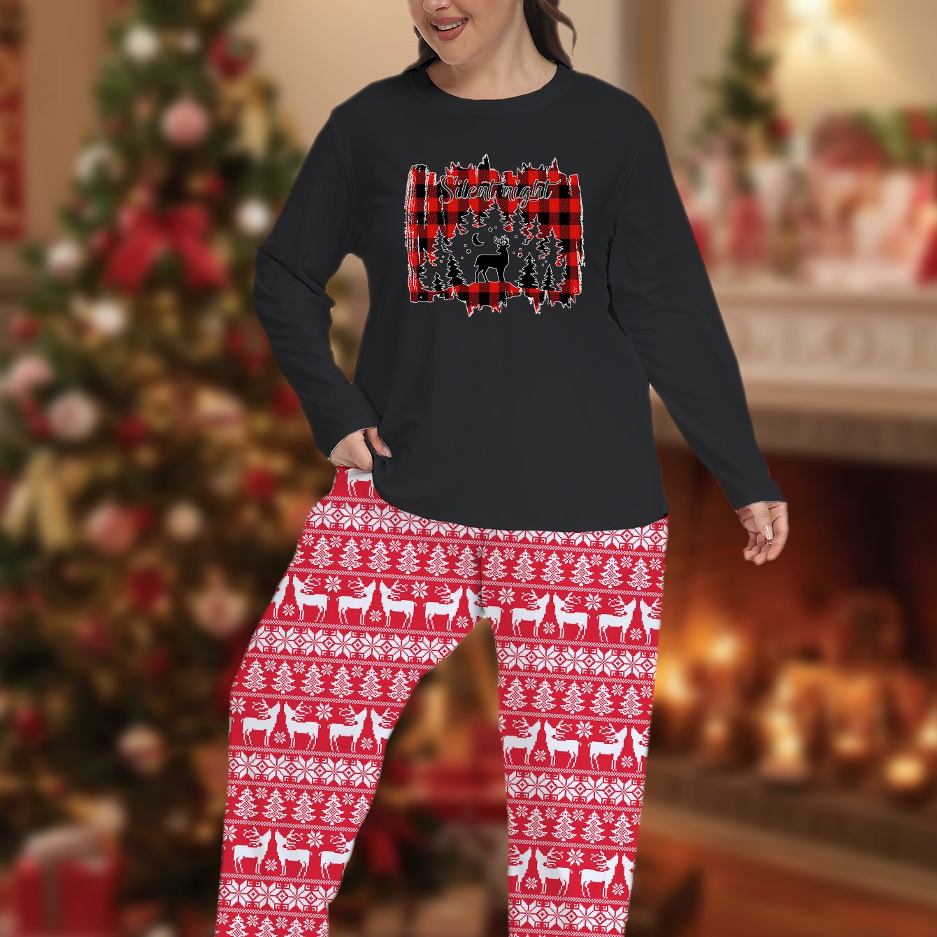 Christmas Pajama Set Women's Plaid & Elk Tee & Striped Pants