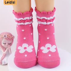 3 Pairs Girls Pink Flower Dot Lace Crew Socks Toddlers Non-Slip Floor Socks