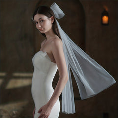 Large Bow Long Veil Faux Pearl Hair Accessories