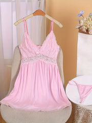 Sexy Contrast Lace Slip Dress Deep V Backless Babydoll Women's Lingerie