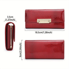 Red Patent Leather Long Clutch Purse Crocodile Texture Card Slots Golden Clasp