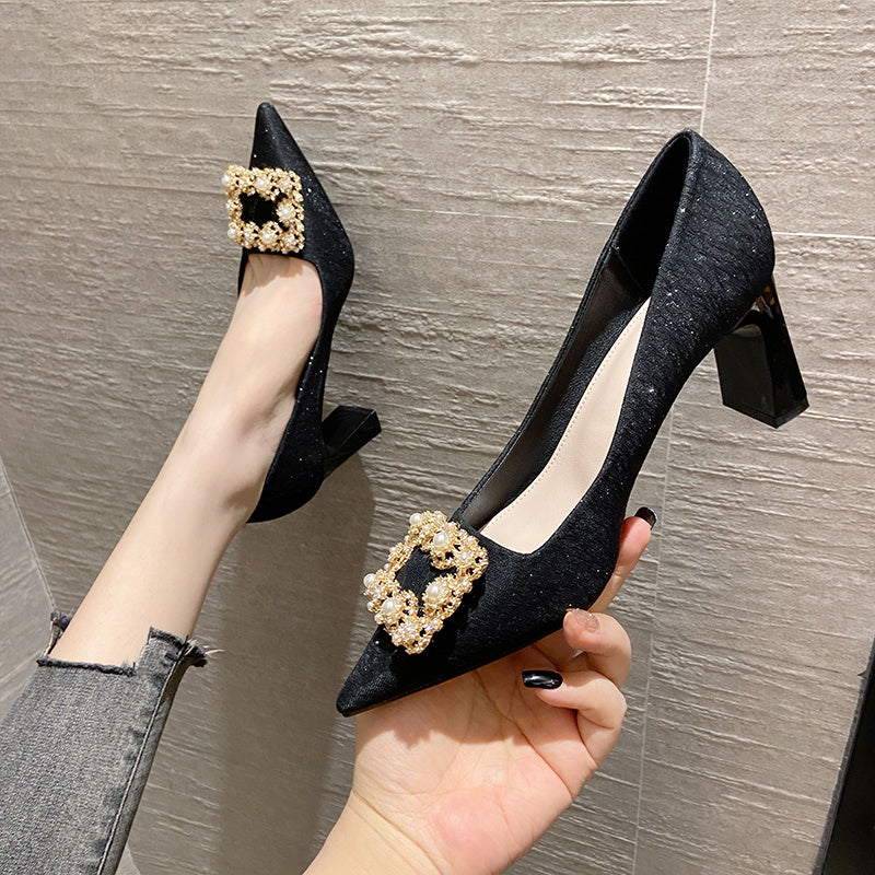 Rhinestone Chunky High Heels Pointed Toe Slip On Pumps