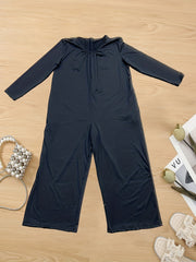 Solid Long Sleeve V Neck Wide Leg Jumpsuit With Pockets