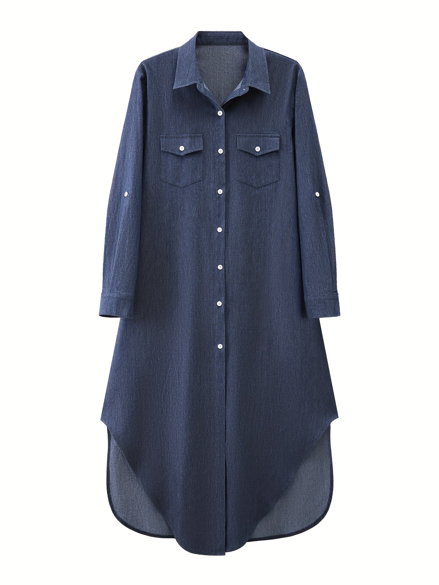 Solid Button Up Roll Long Sleeve Maxi Shirt Dress
