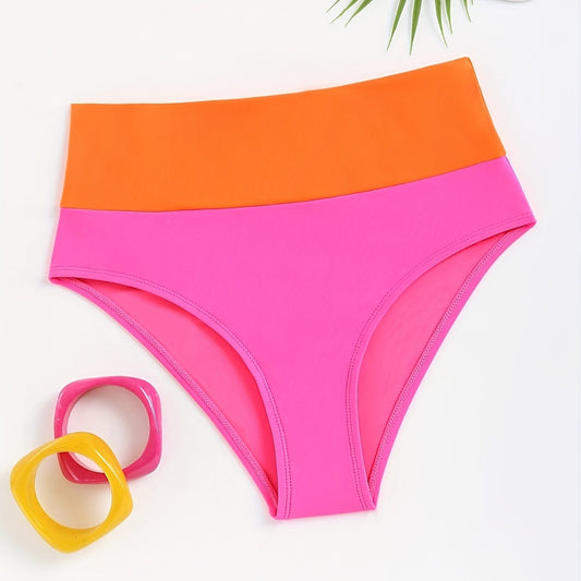 High Waist Tangerine Pink Block Bikini Bottoms